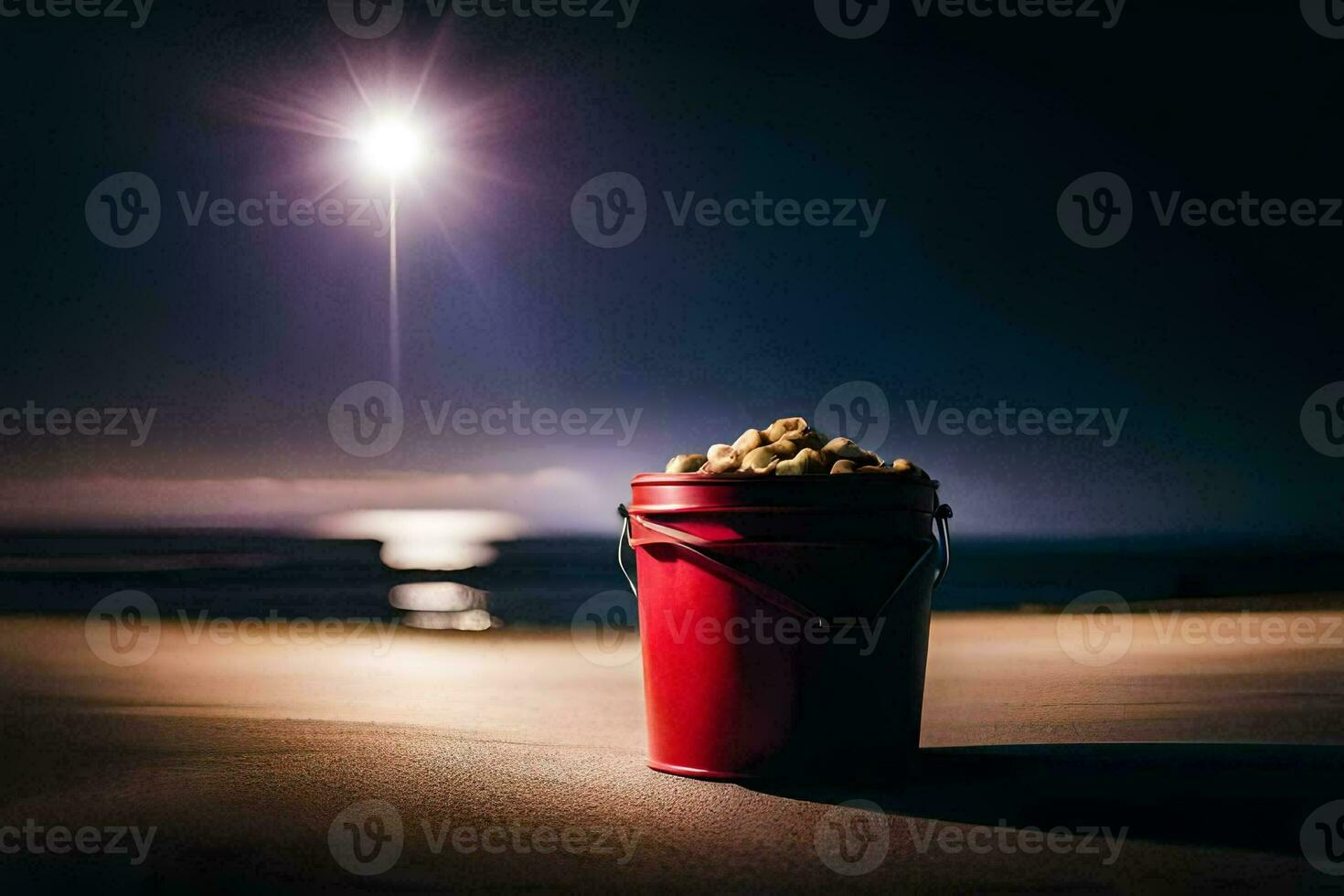 a bucket of peanuts on the beach at night. AI-Generated photo