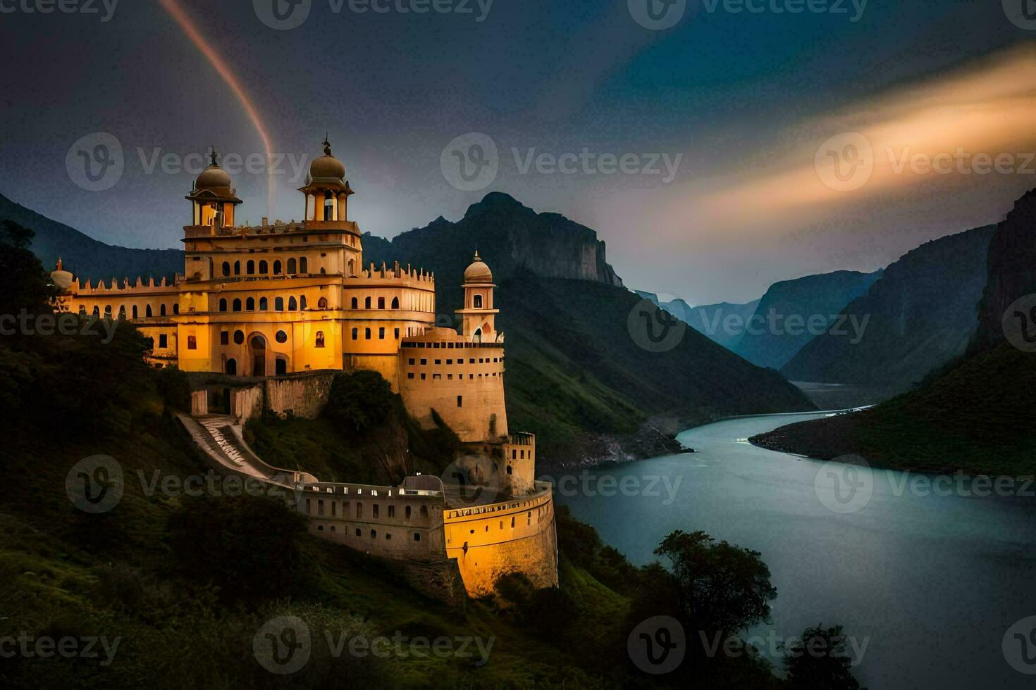 photo wallpaper the sky, mountains, rainbow, castle, the sky, the mountains, person,. AI-Generated