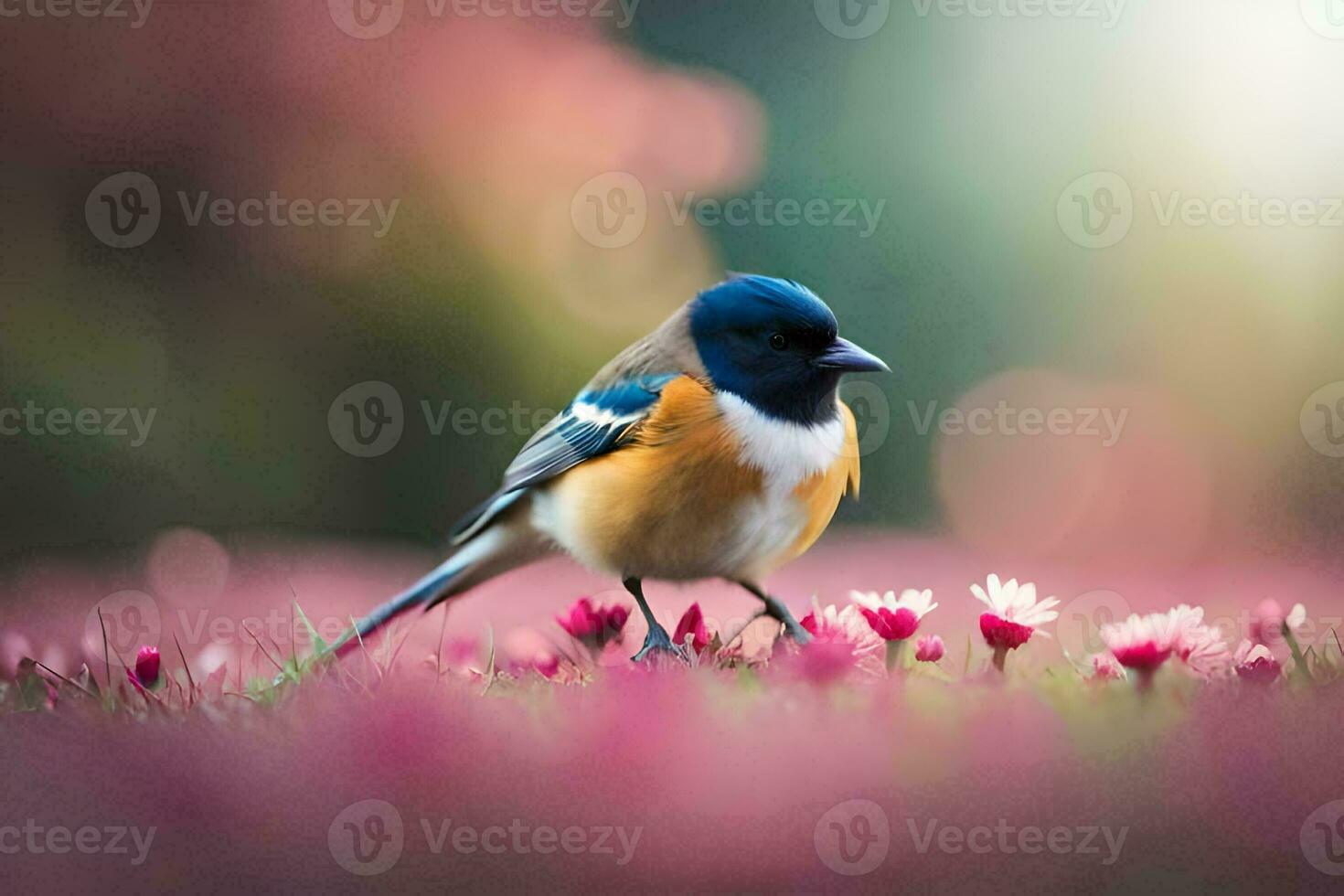 a bird is standing on a field of pink flowers. AI-Generated photo