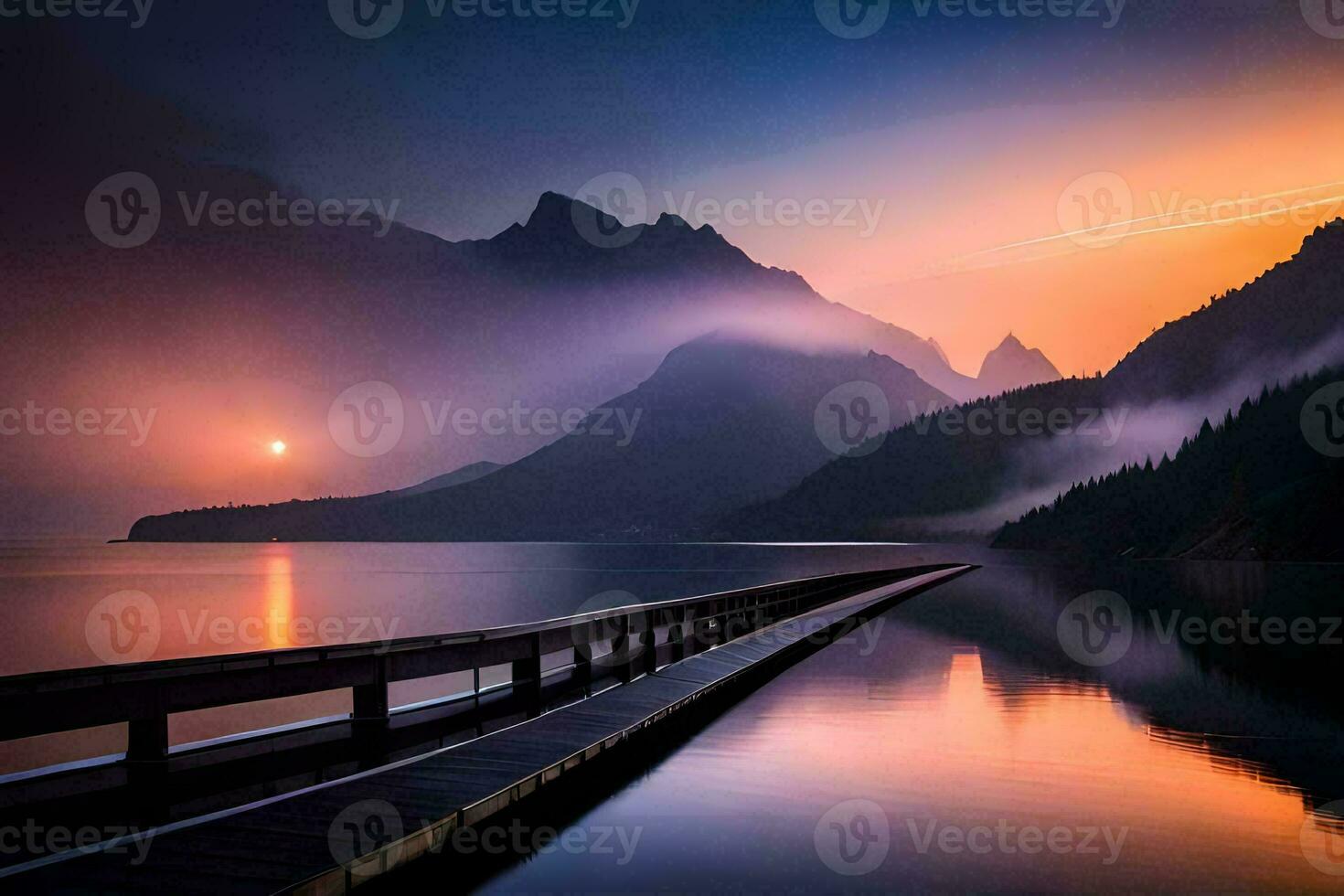 a pier in the middle of a lake with mountains in the background. AI-Generated photo