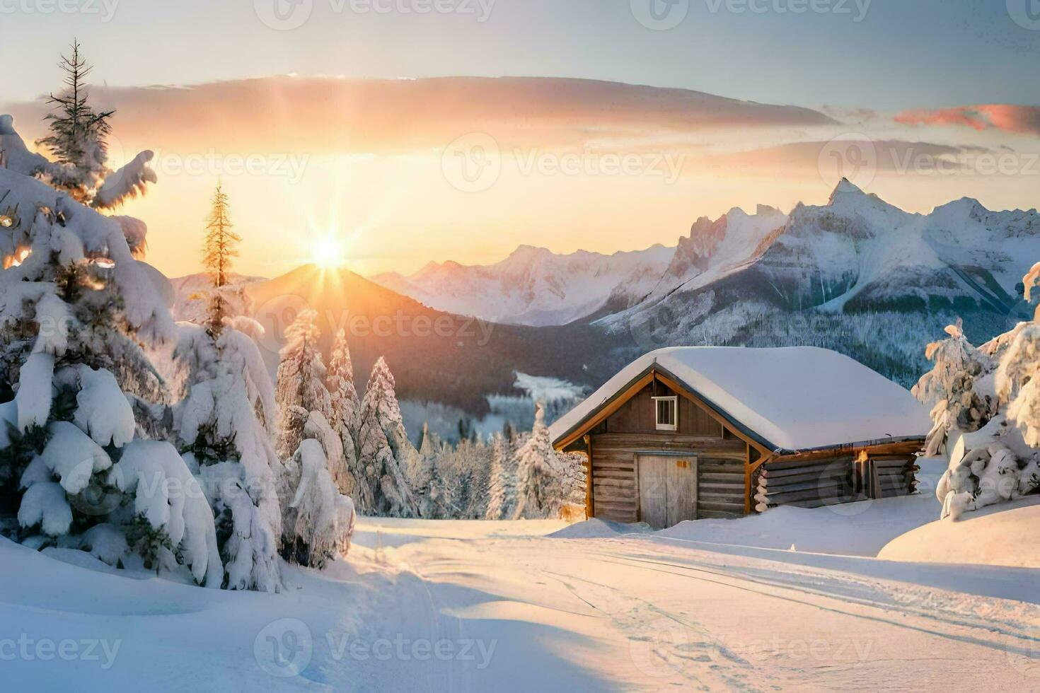 a cabin in the snow with trees and mountains in the background. AI-Generated photo