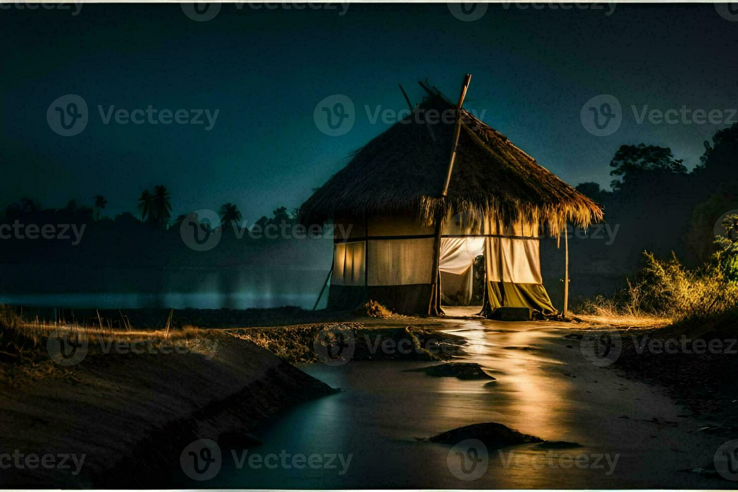 a hut sits on the shore of a river at night. AI-Generated photo