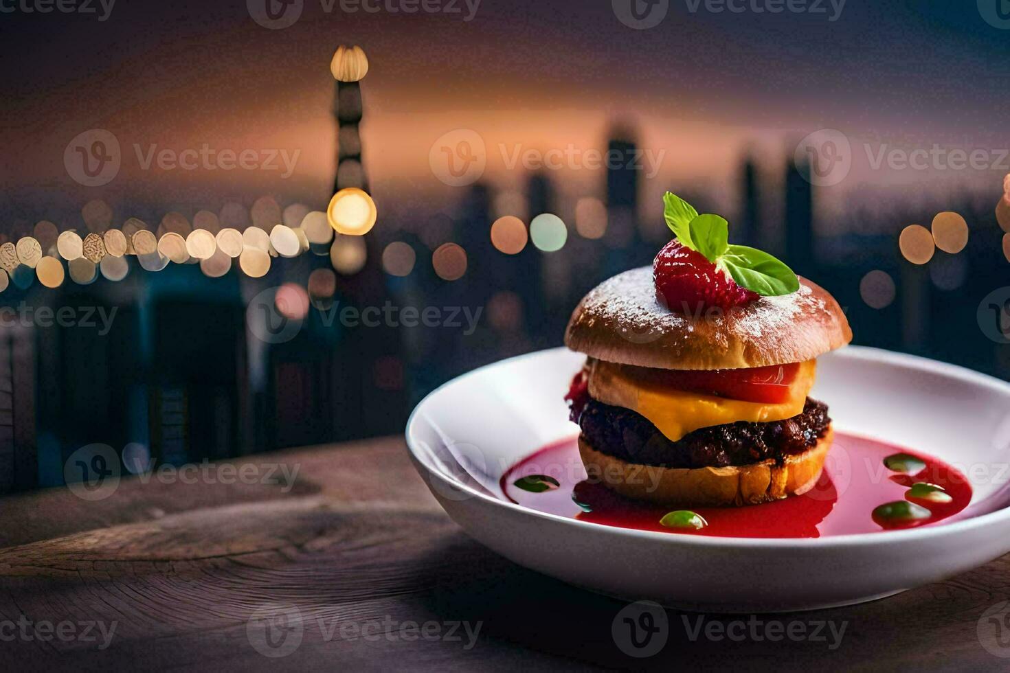 a burger with a raspberry sauce on top of it. AI-Generated photo