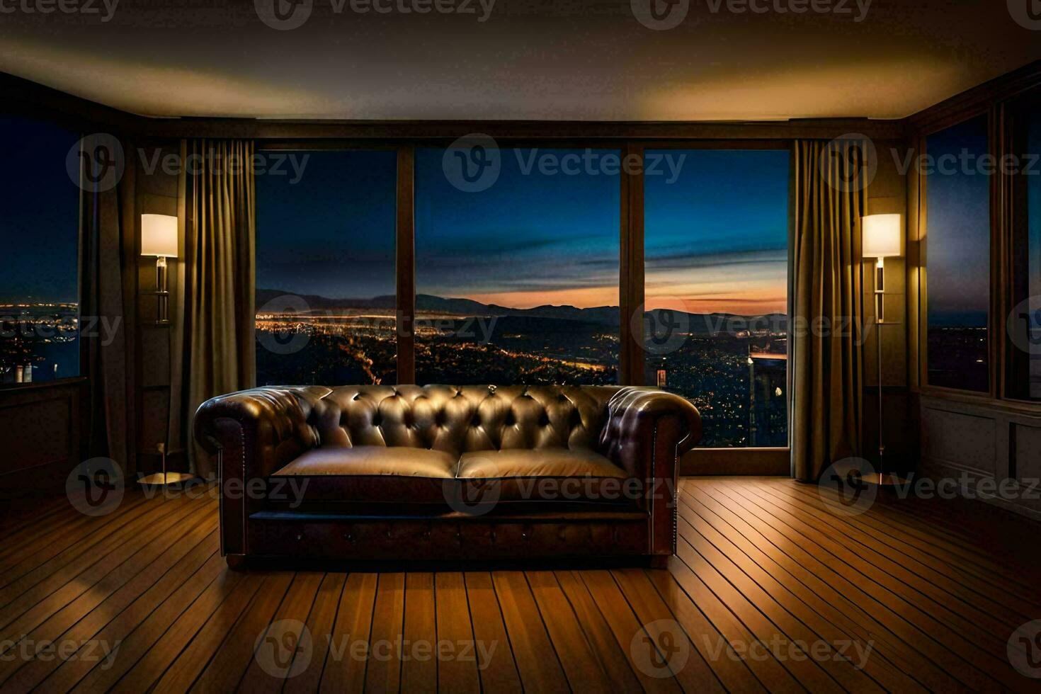 a leather couch in front of a window overlooking the city. AI-Generated photo