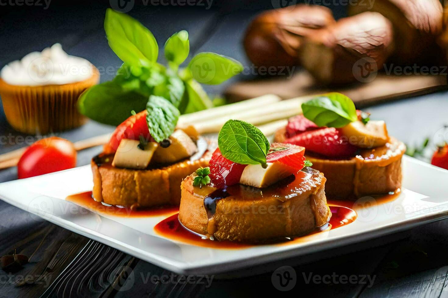 three small cakes with fruit and sauce on them. AI-Generated photo