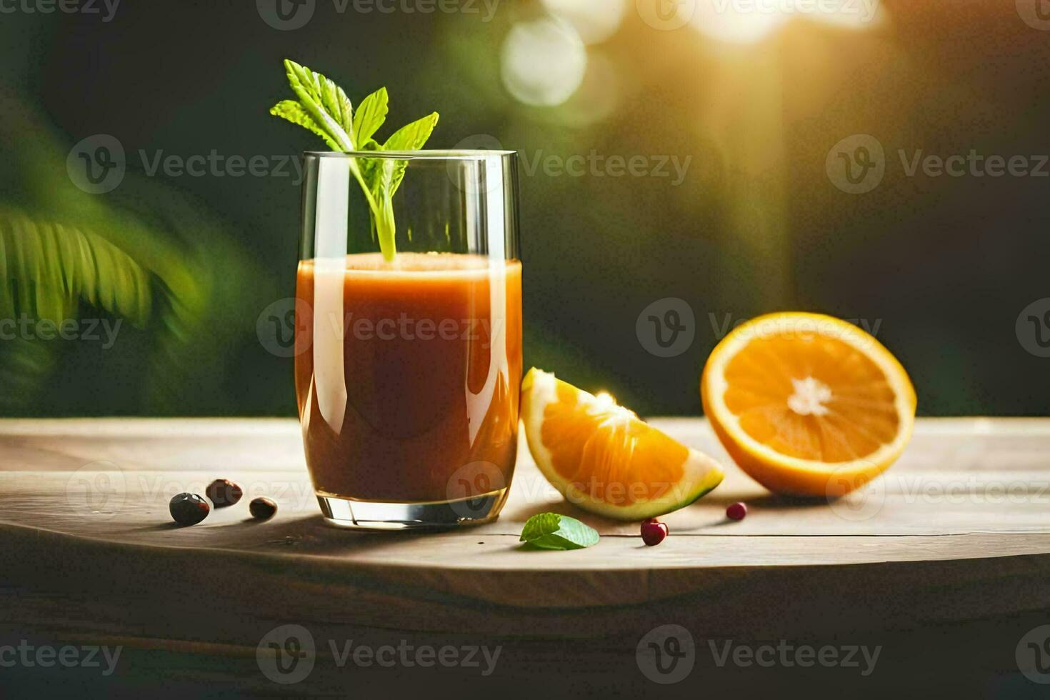 a glass of orange juice with a slice of orange and a mint leaf. AI-Generated photo