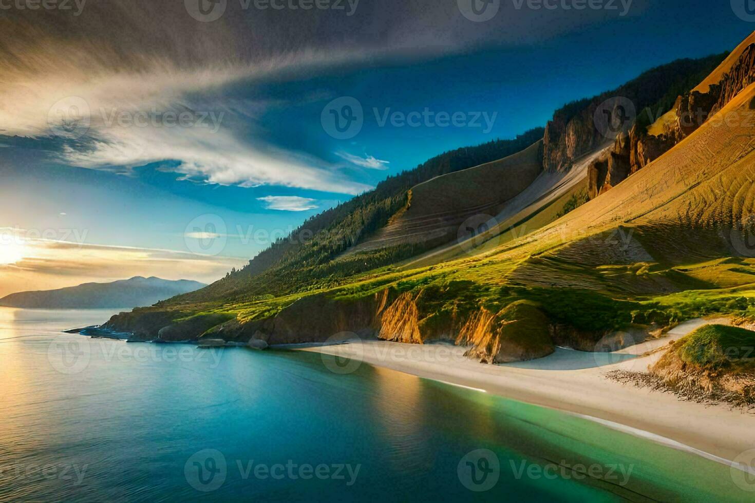 the sun sets over a beach and mountains. AI-Generated photo