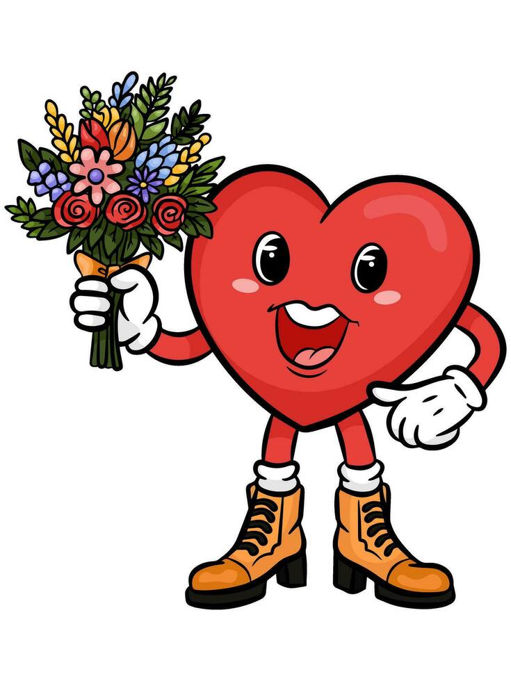 Groovy heart character. The girl heart with a bouquet of flowers. Love concept. Happy Valentines day. Funky happy heart character in trendy retro 60s 70s cartoon style. Vector illustration