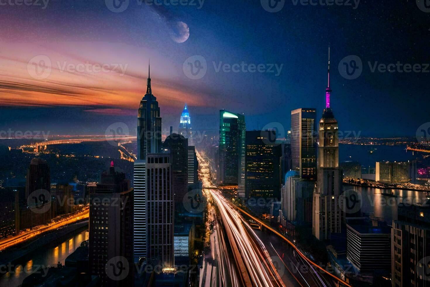 the city skyline at night with a long exposure. AI-Generated photo