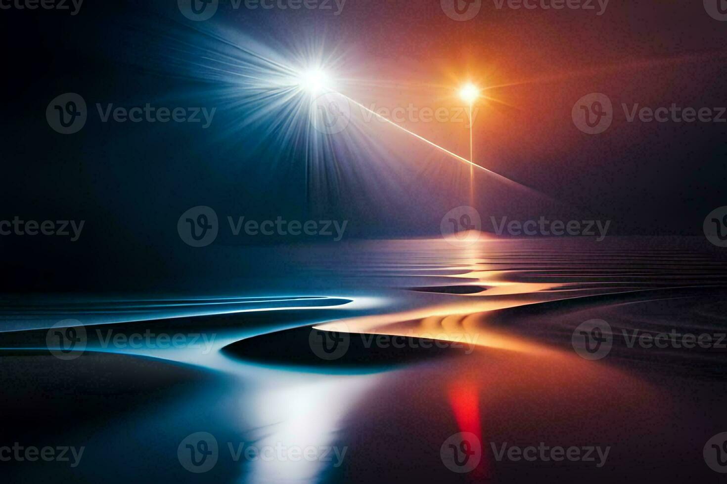 a light shining over the water at night. AI-Generated photo