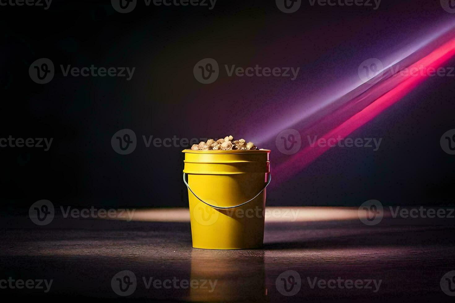a bucket of peanuts on a table in front of a bright light. AI-Generated photo