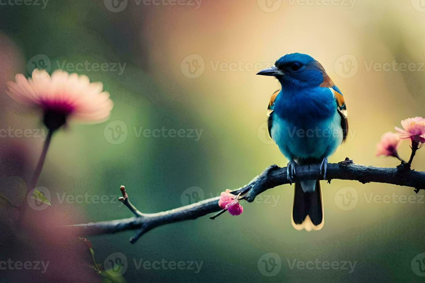 un azul pájaro se sienta en un rama con rosado flores generado por ai foto