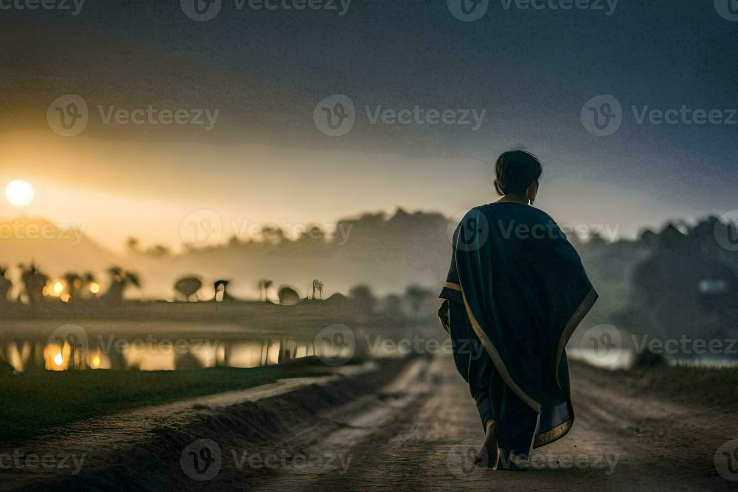a woman in a sari walks down a dirt road at sunrise. AI-Generated photo