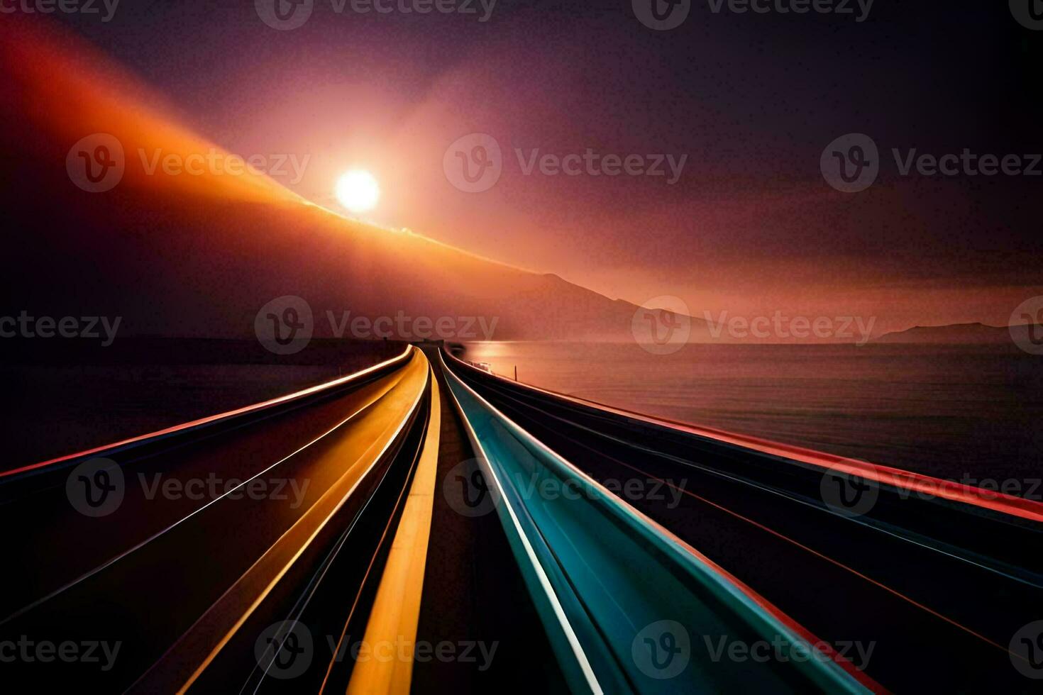 a train traveling along the road at sunset. AI-Generated photo