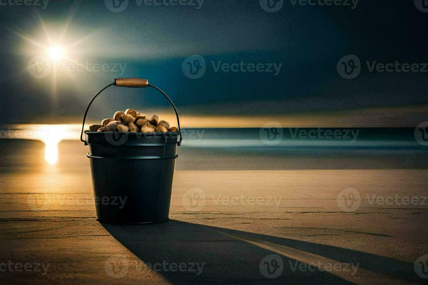 a bucket of nuts on the beach at night. AI-Generated photo