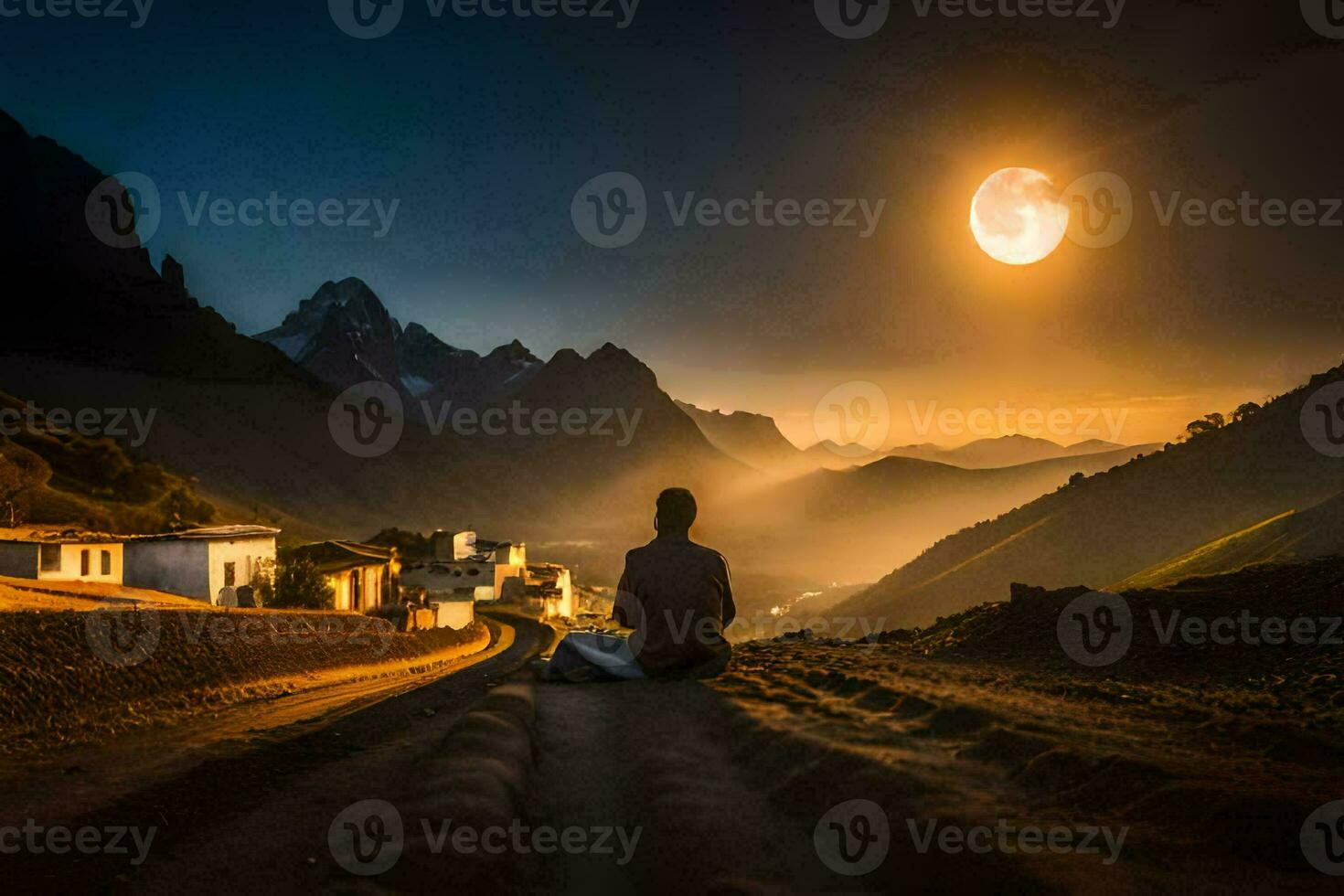 the man is sitting on the road in front of a mountain village. AI-Generated photo