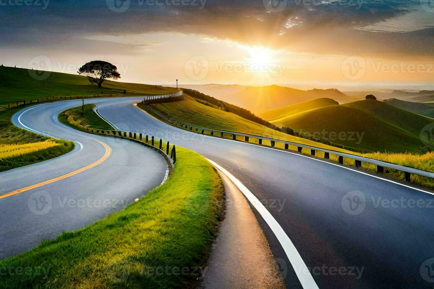 a winding road with the sun setting behind it. AI-Generated photo
