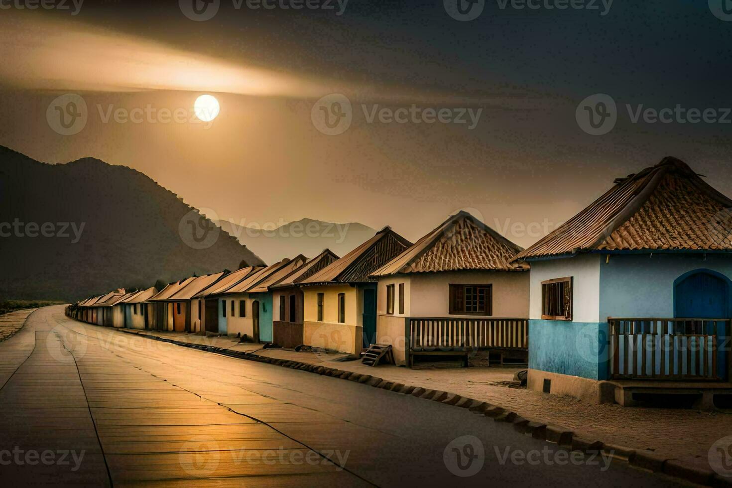 un fila de vistoso casas en el playa a puesta de sol. generado por ai foto