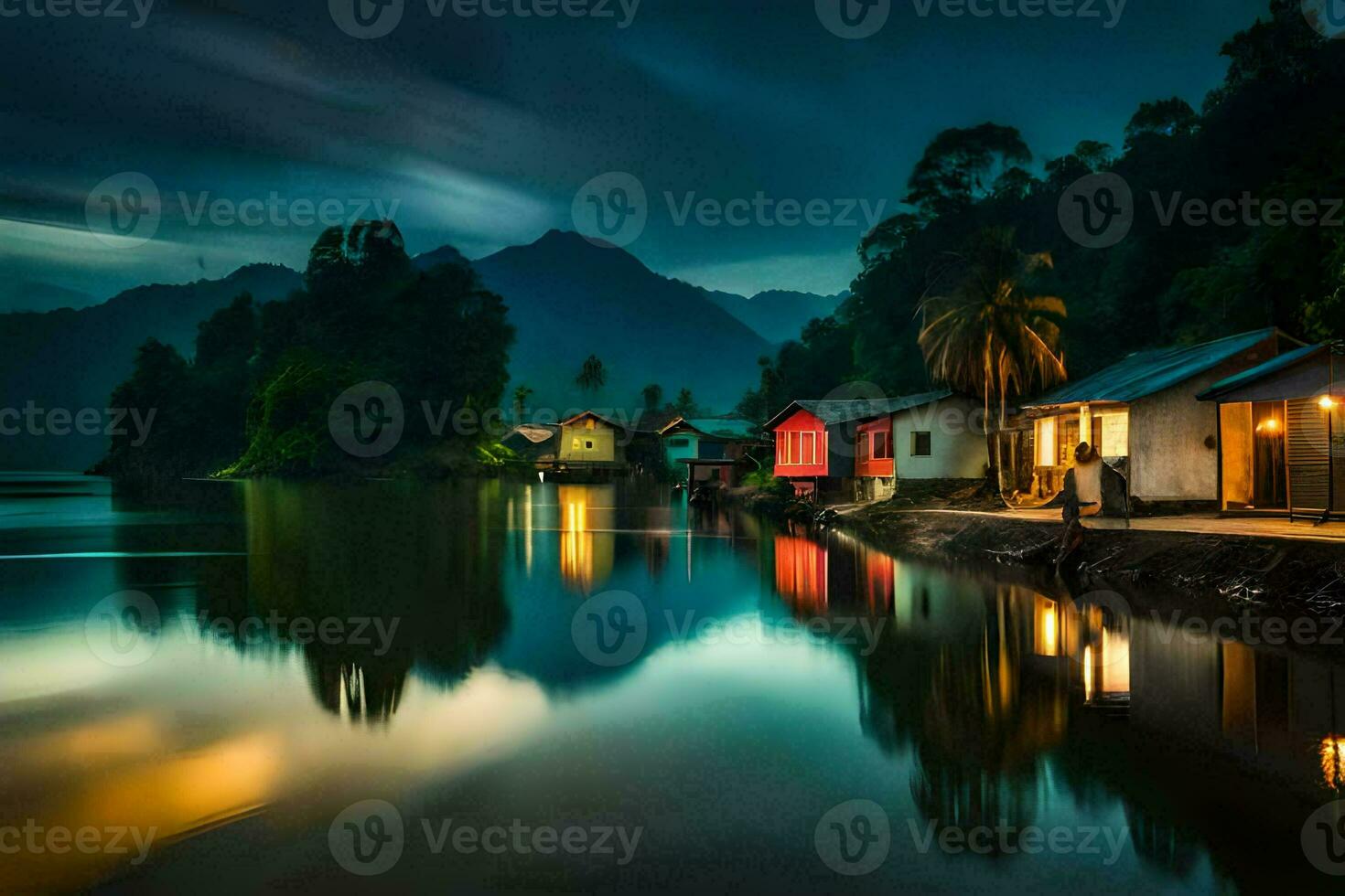 a lake at night with houses and mountains in the background. AI-Generated photo