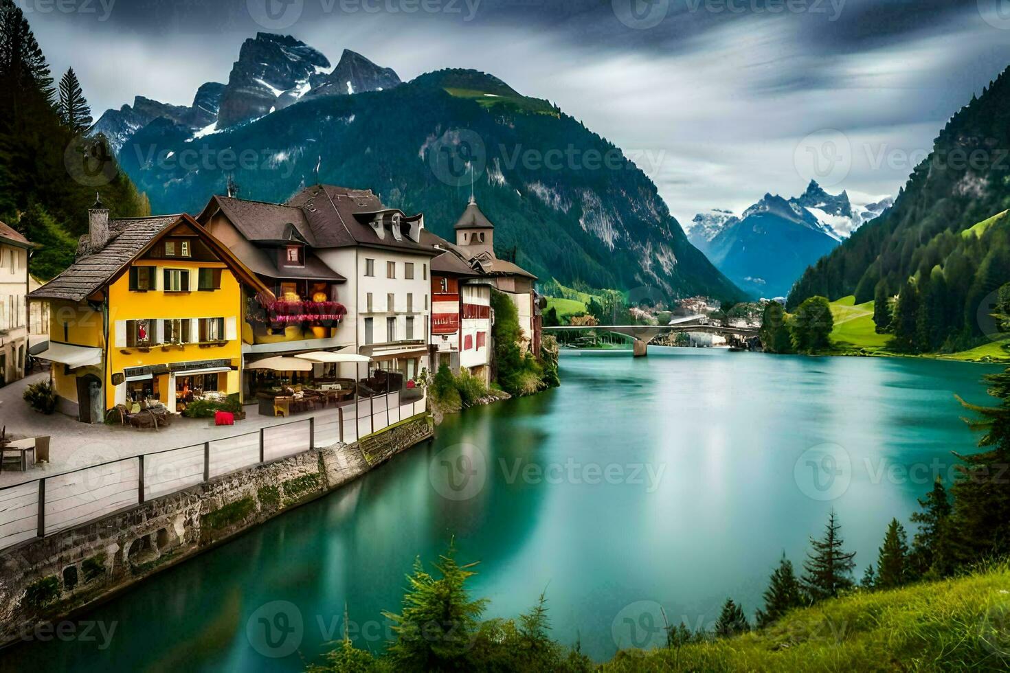 a river runs through a town in the mountains. AI-Generated photo