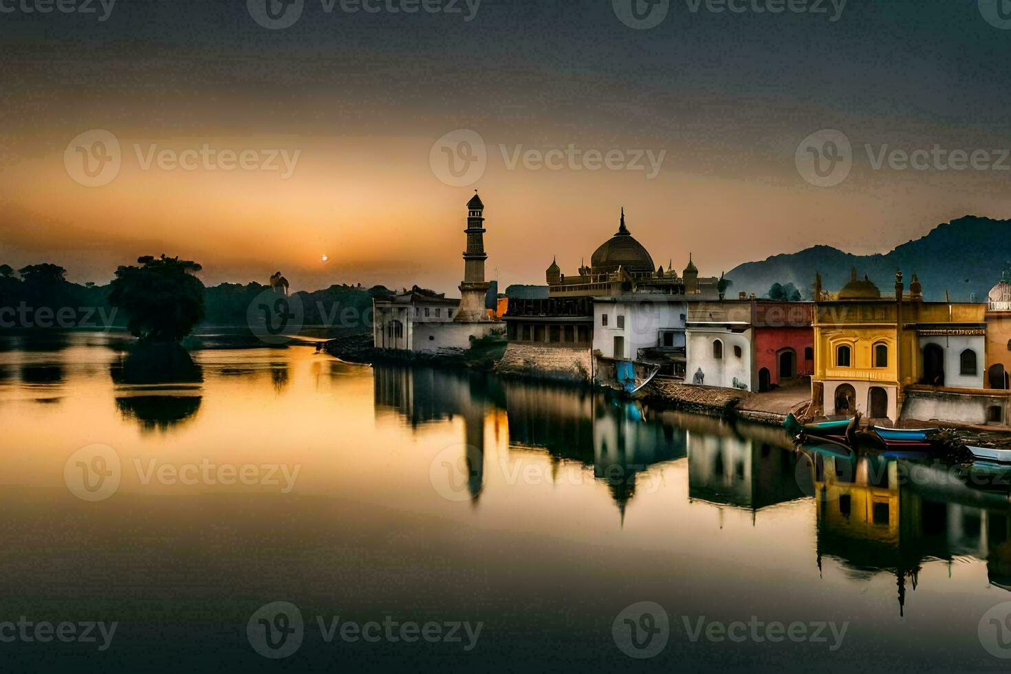 the sunset over the river in udaipur, india. AI-Generated photo