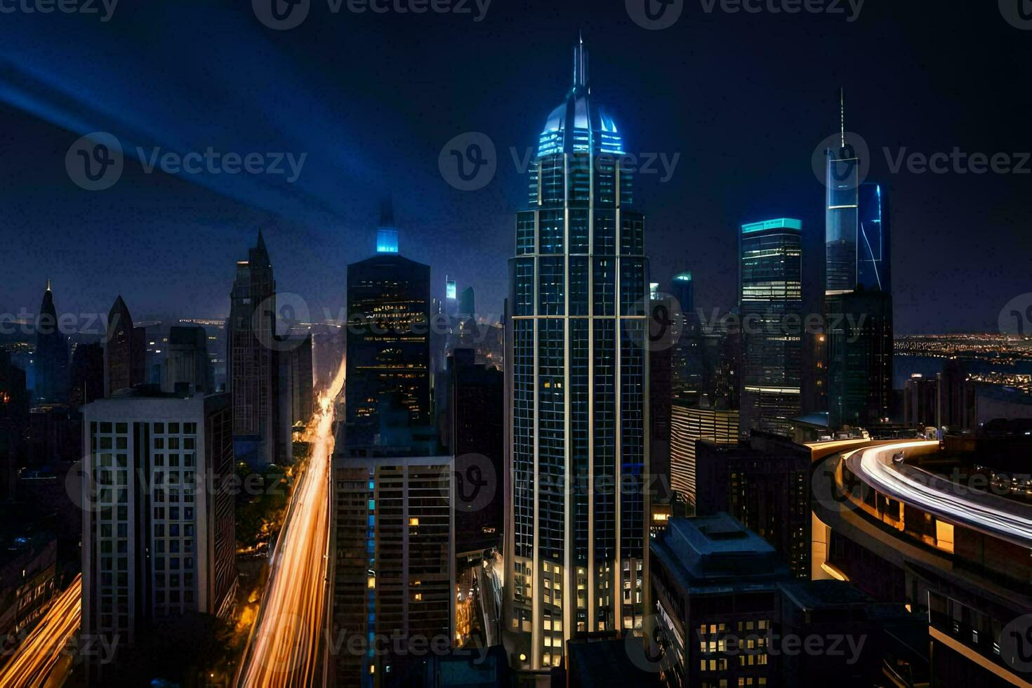 the city skyline at night with lights shining on it. AI-Generated photo