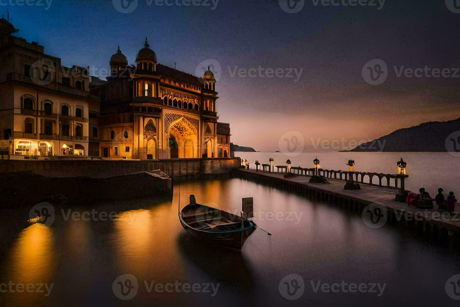 a boat sits on the dock at dusk in front of a building. AI-Generated photo