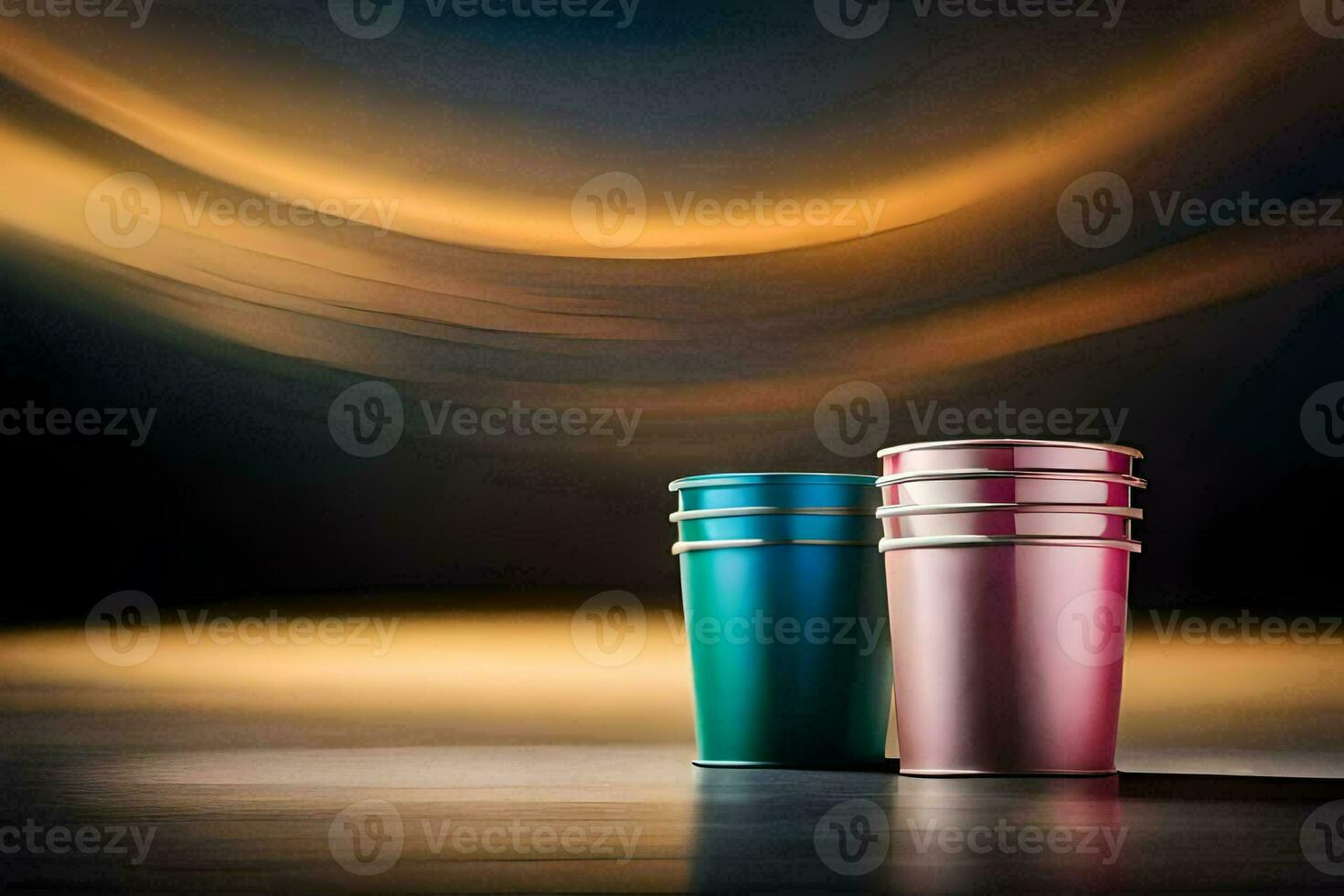 two colorful plastic cups on a table with a blurry background. AI-Generated photo