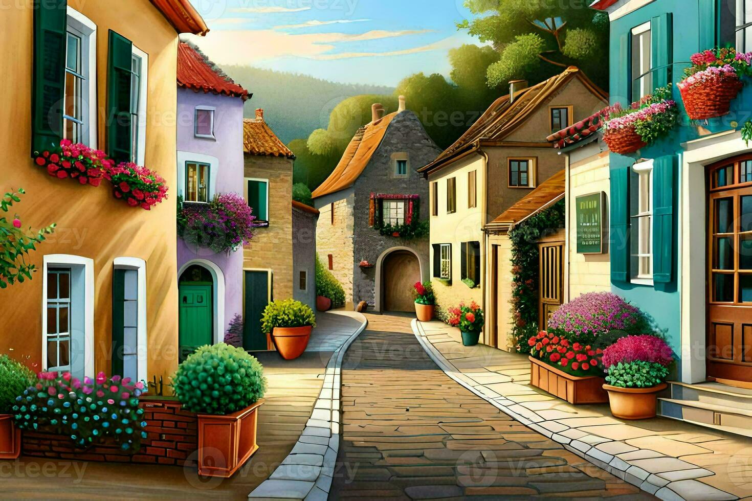 a painting of a street with flowers and houses. AI-Generated photo