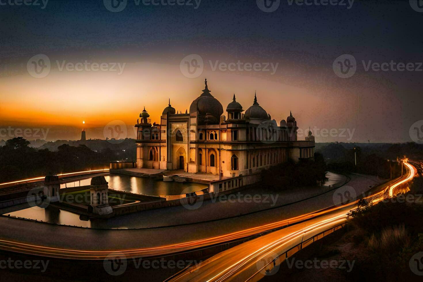 a long exposure photograph of a temple at sunset. AI-Generated photo