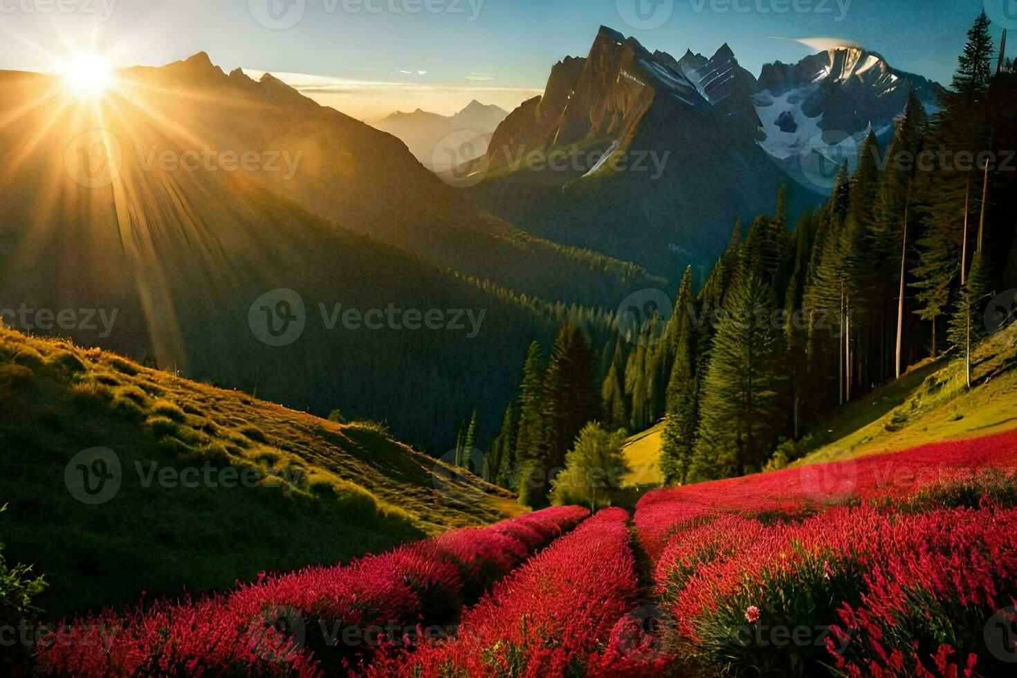 the sun shines over a field of flowers in the mountains. AI-Generated photo