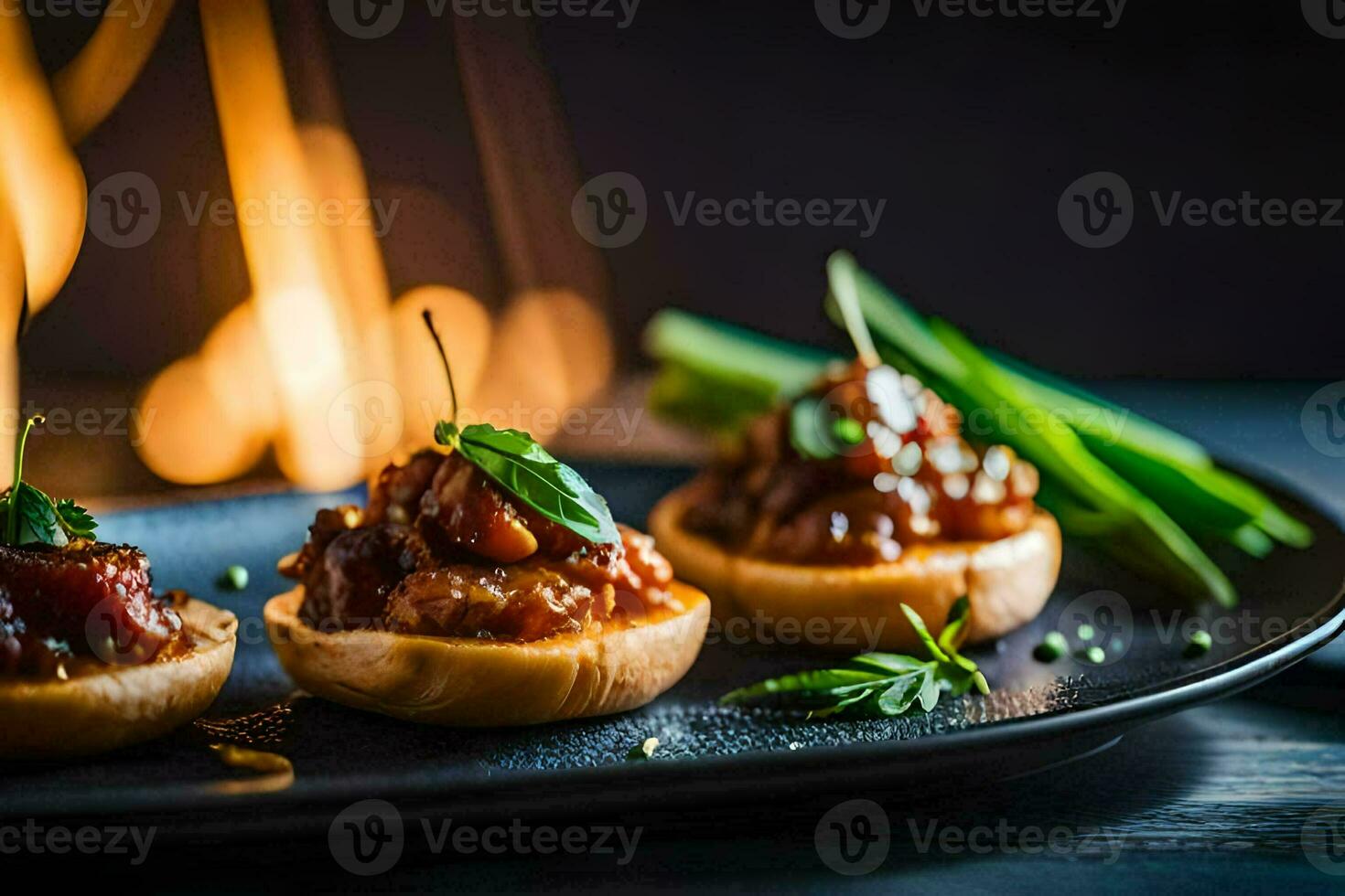 small appetizers on a plate with a fire in the background. AI-Generated photo