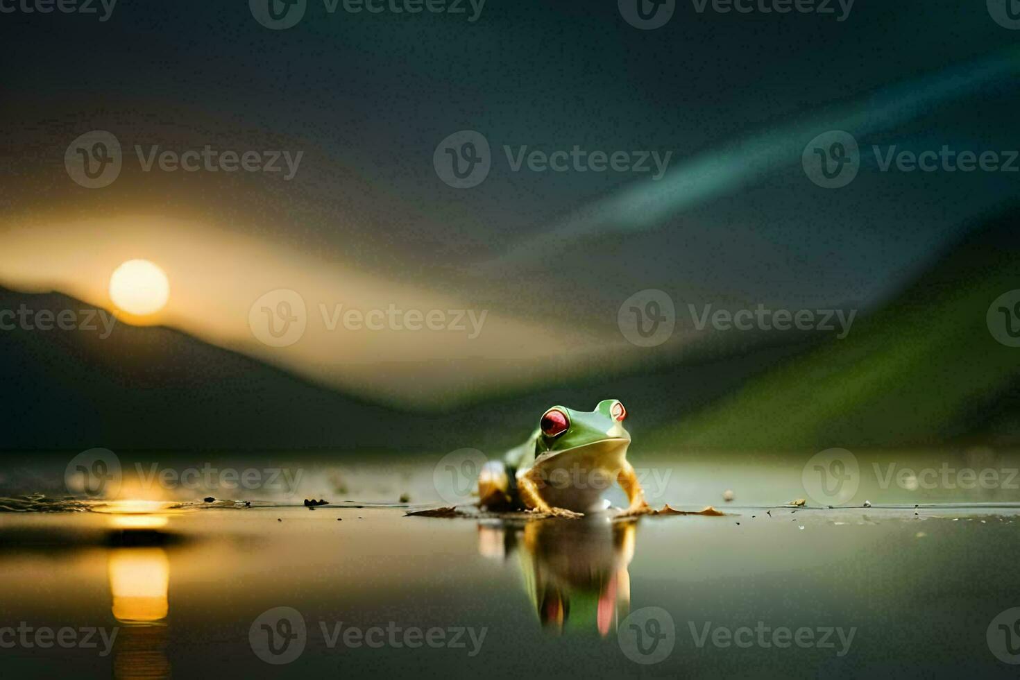 a frog sitting on the water at night. AI-Generated photo