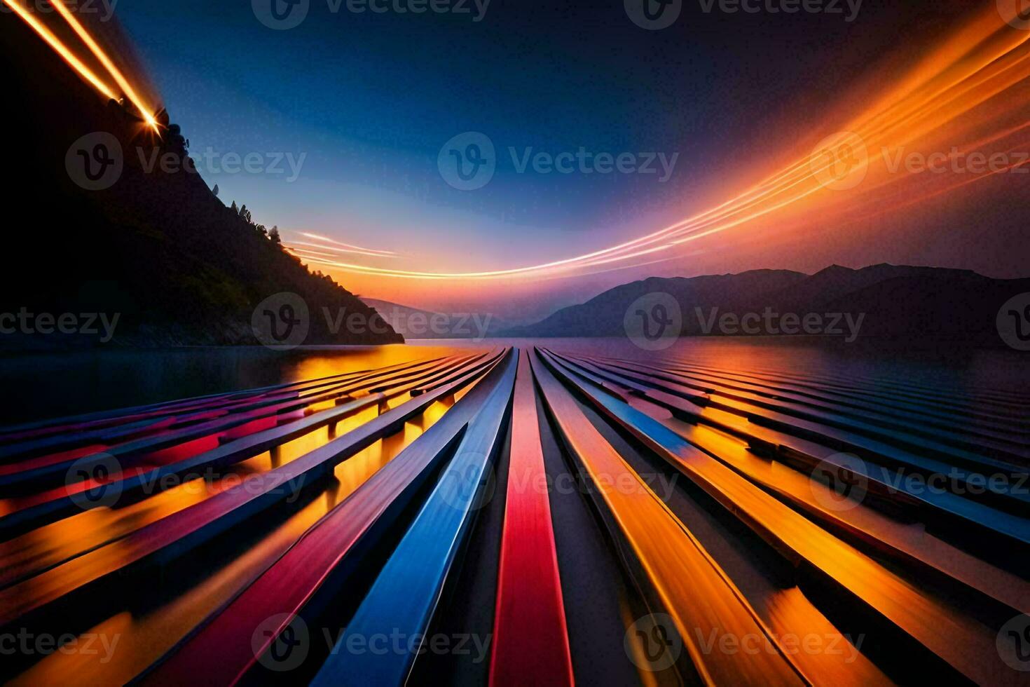 a long exposure photograph of a long line of wooden poles. AI-Generated photo