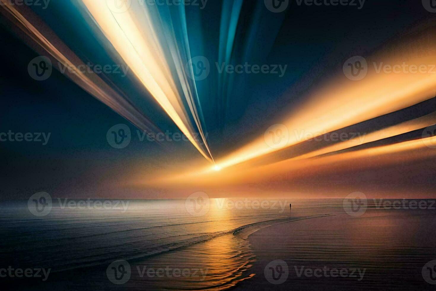 a long exposure photograph of a beach at sunset. AI-Generated photo