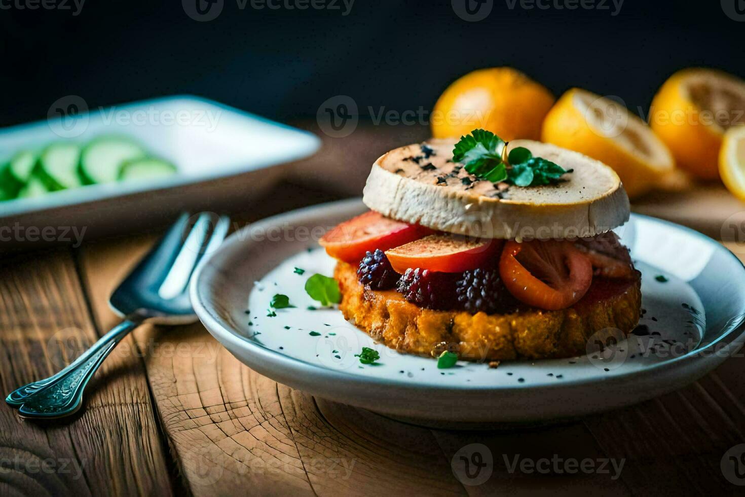 un plato con un emparedado y algunos vegetales. generado por ai foto