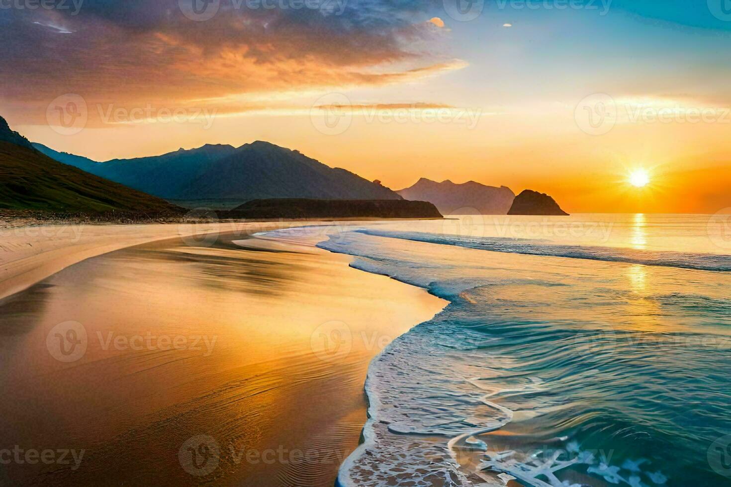 the sun sets over the ocean and mountains in this beautiful photo. AI-Generated photo