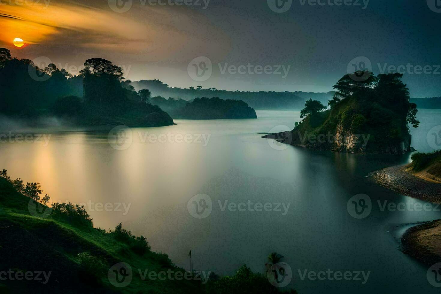 the sun rises over a lake in the mountains. AI-Generated photo