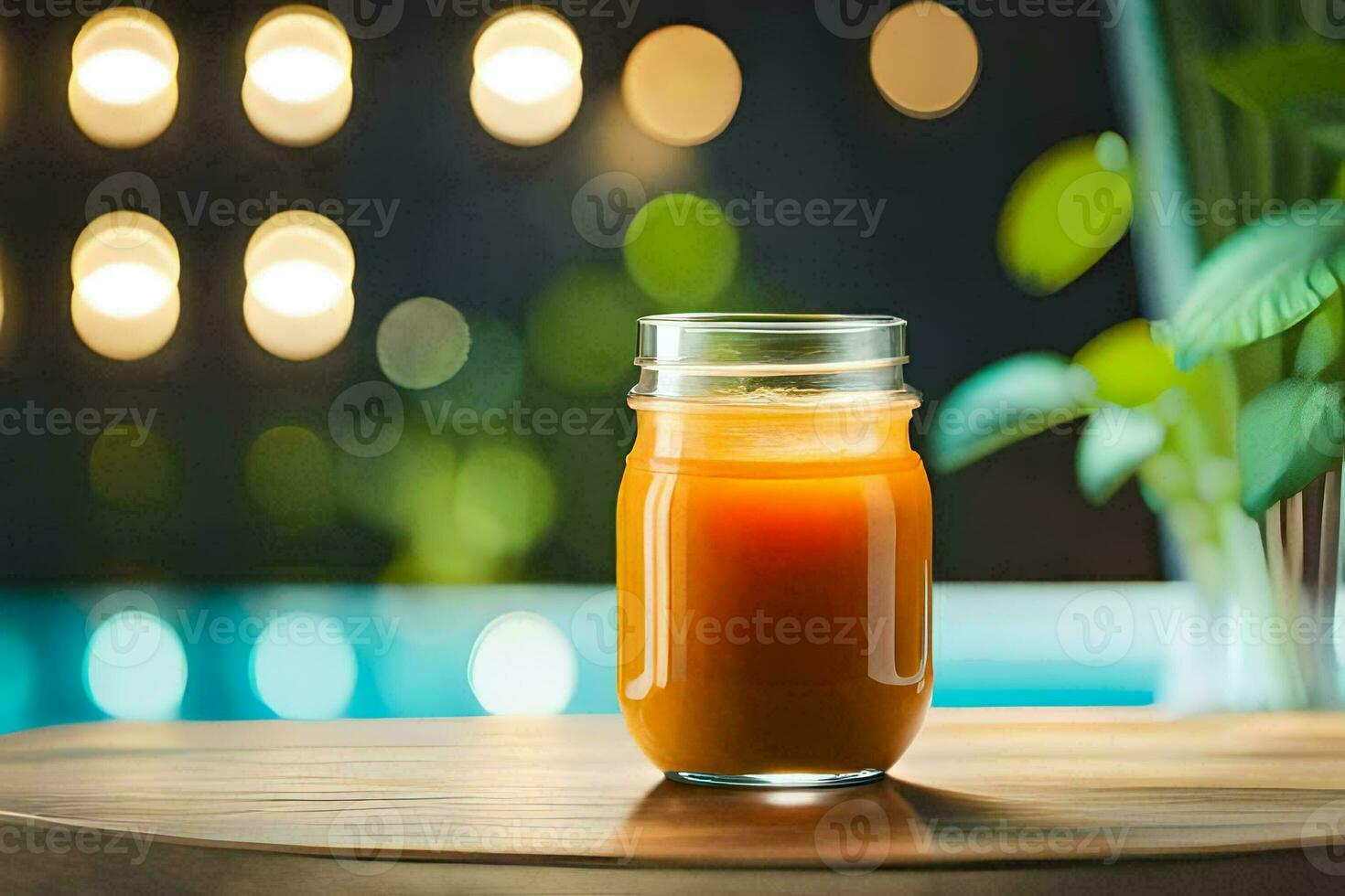 a glass of orange juice sitting on a table. AI-Generated photo