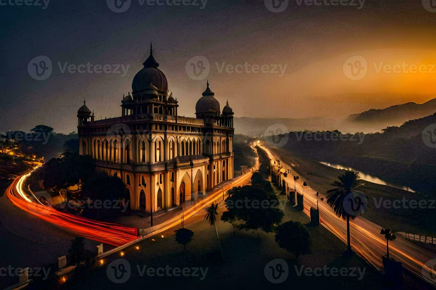 the sunset over the city of kolkata. AI-Generated photo