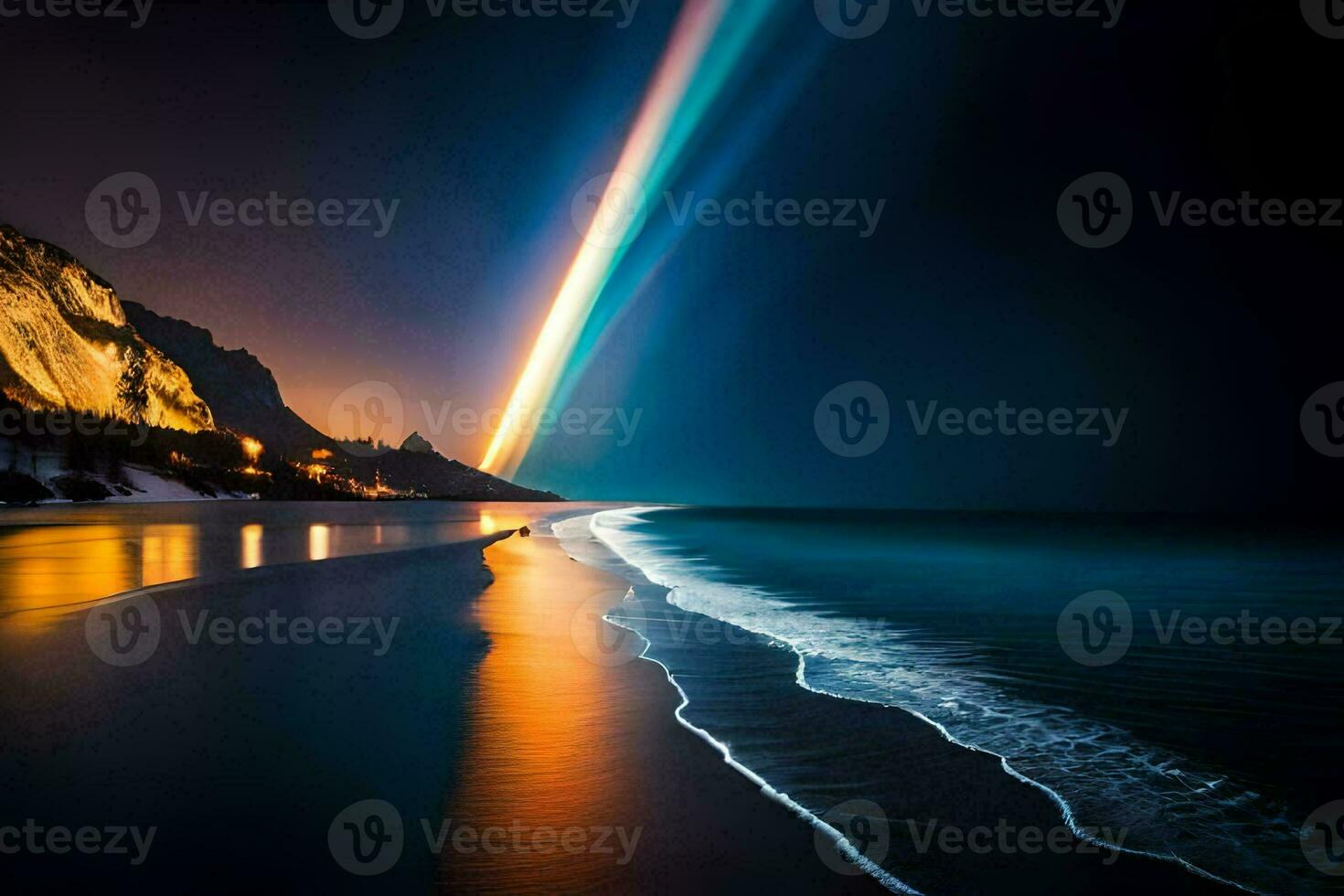 a rainbow is seen over the ocean at night. AI-Generated photo