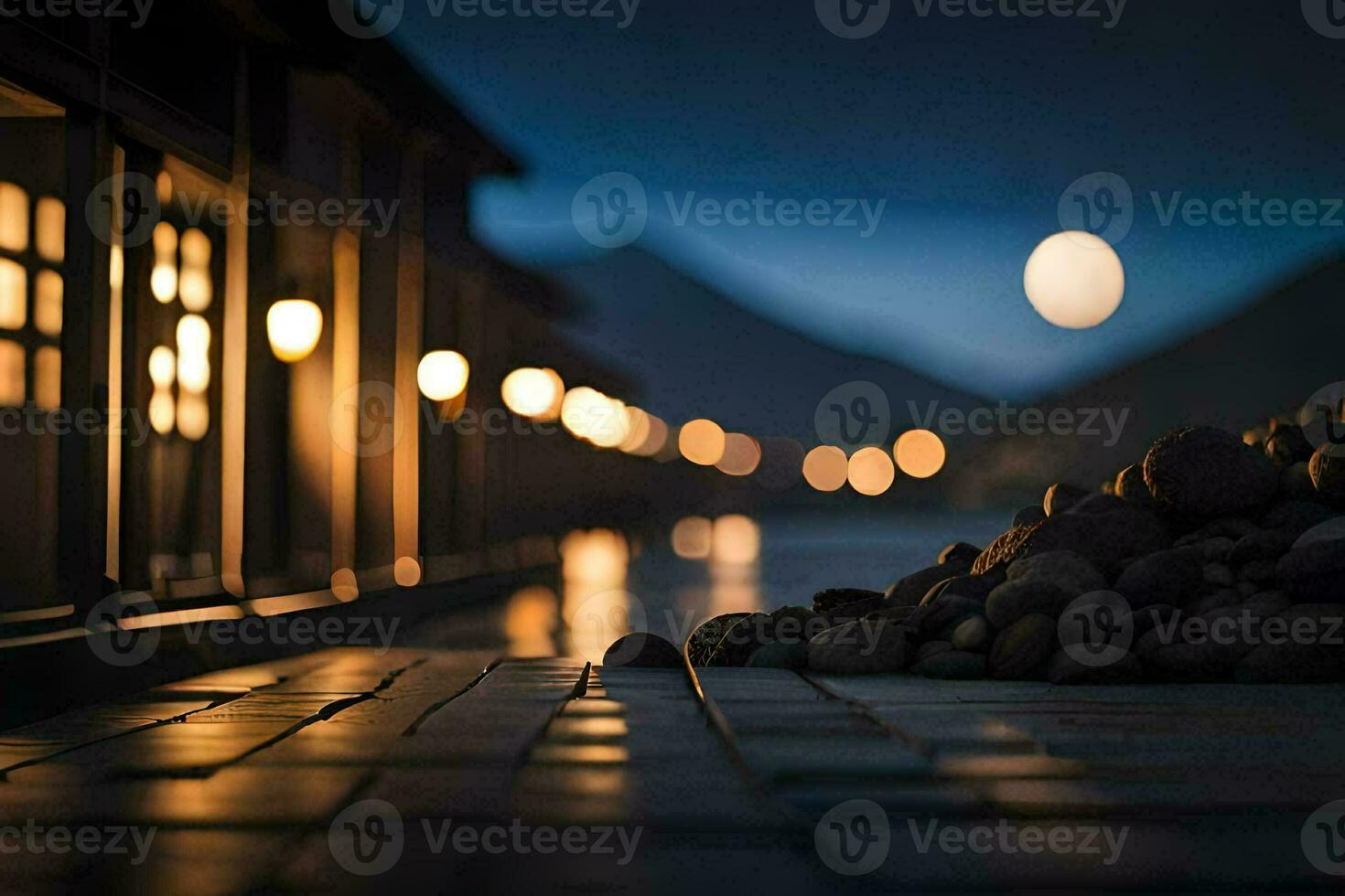 un calle con luces y rocas en el antecedentes. generado por ai foto