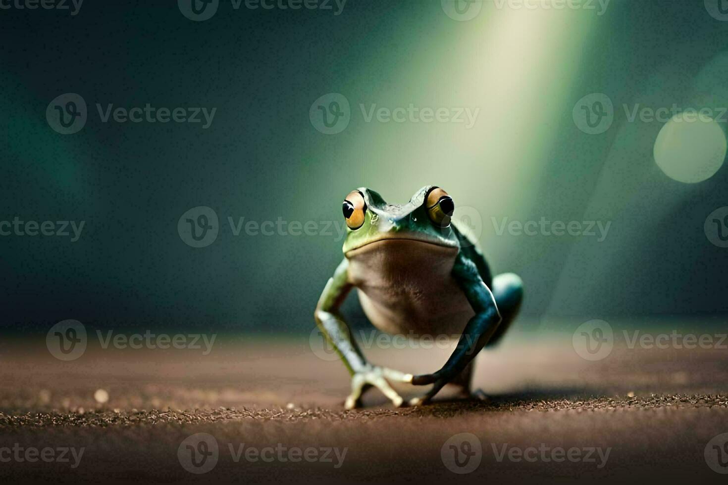 a frog is standing on the ground with a bright light behind it. AI-Generated photo