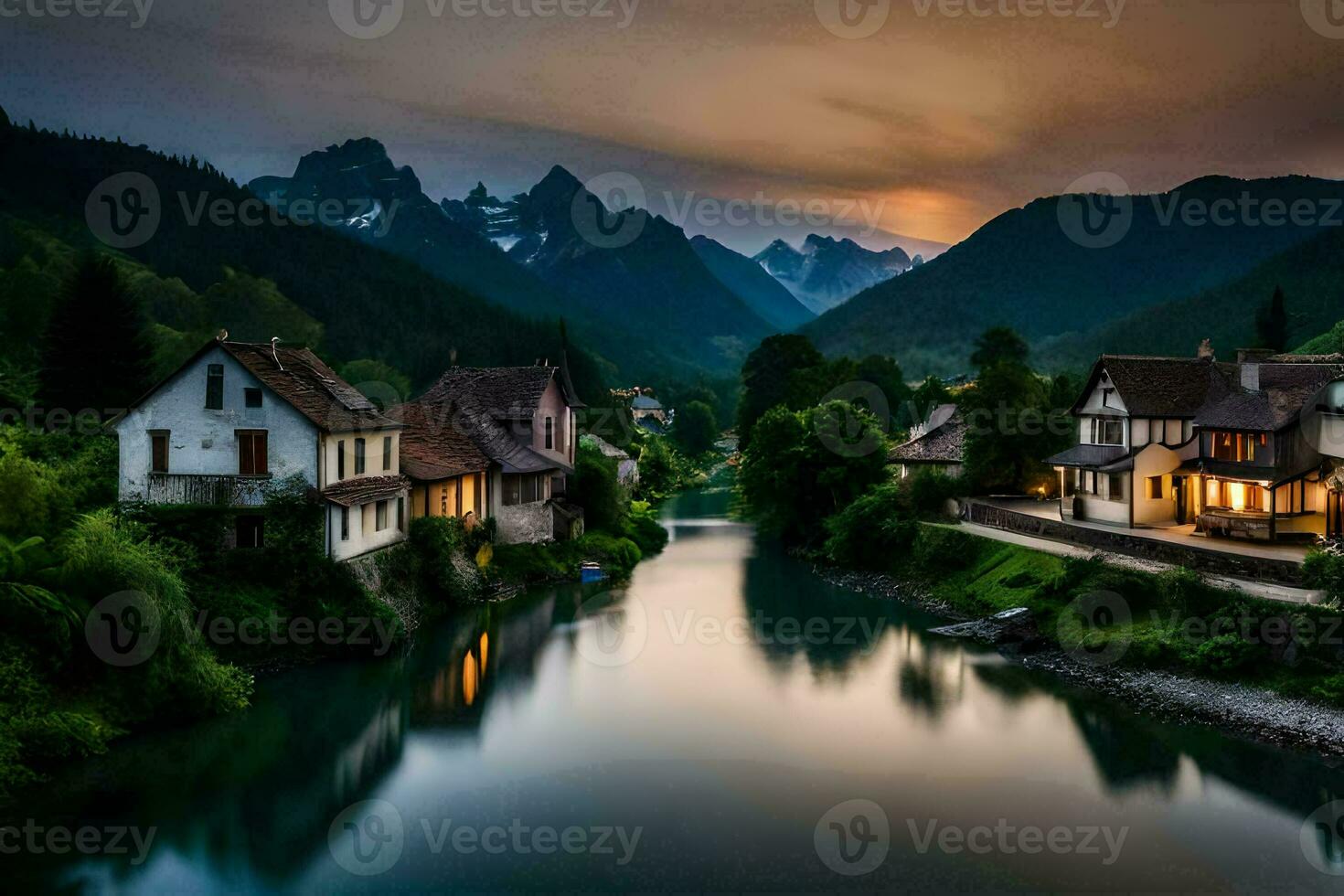 photo wallpaper the sky, mountains, river, houses, mountains, river, houses, mountains,. AI-Generated