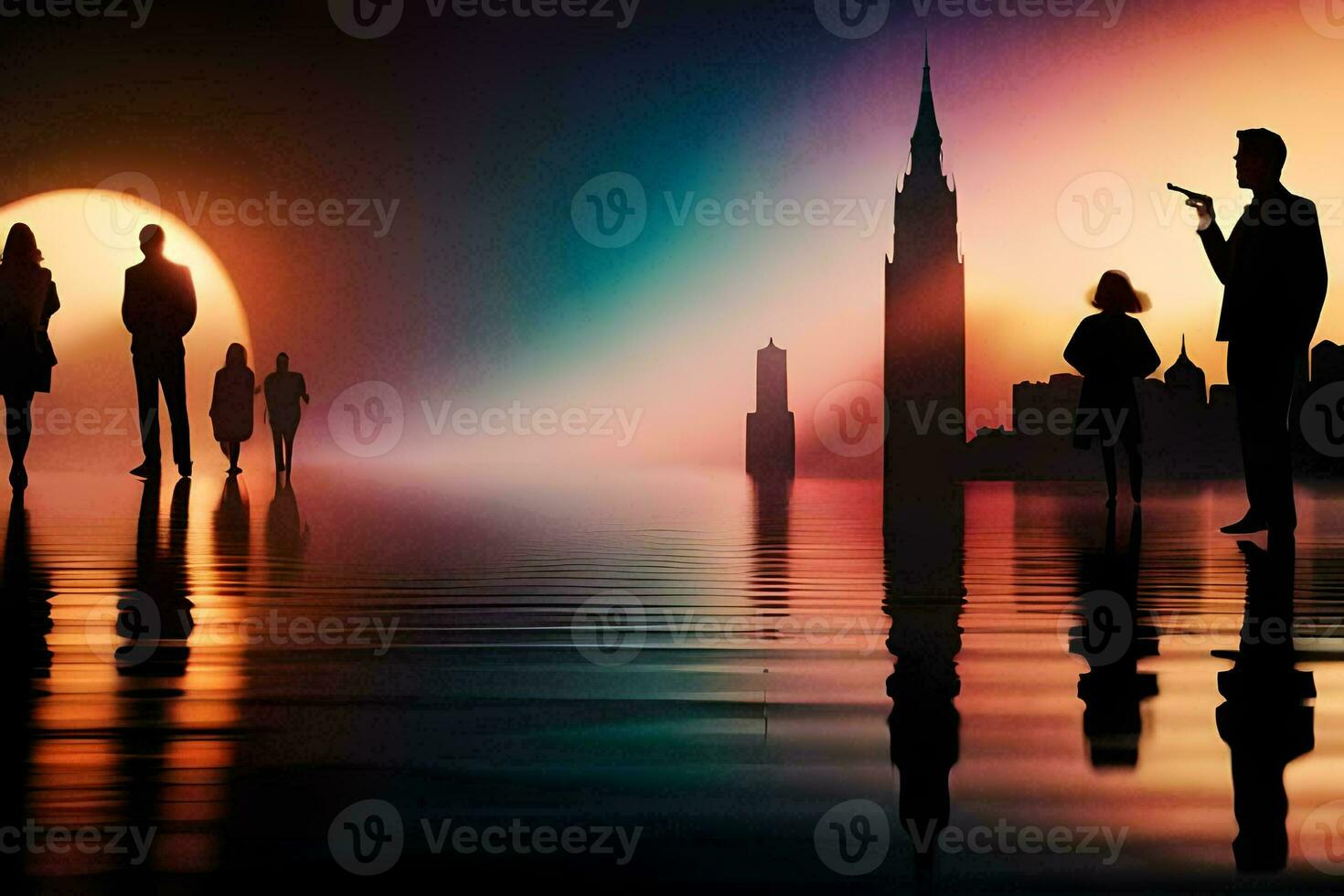 siluetas de personas caminando en el agua a puesta de sol. generado por ai foto