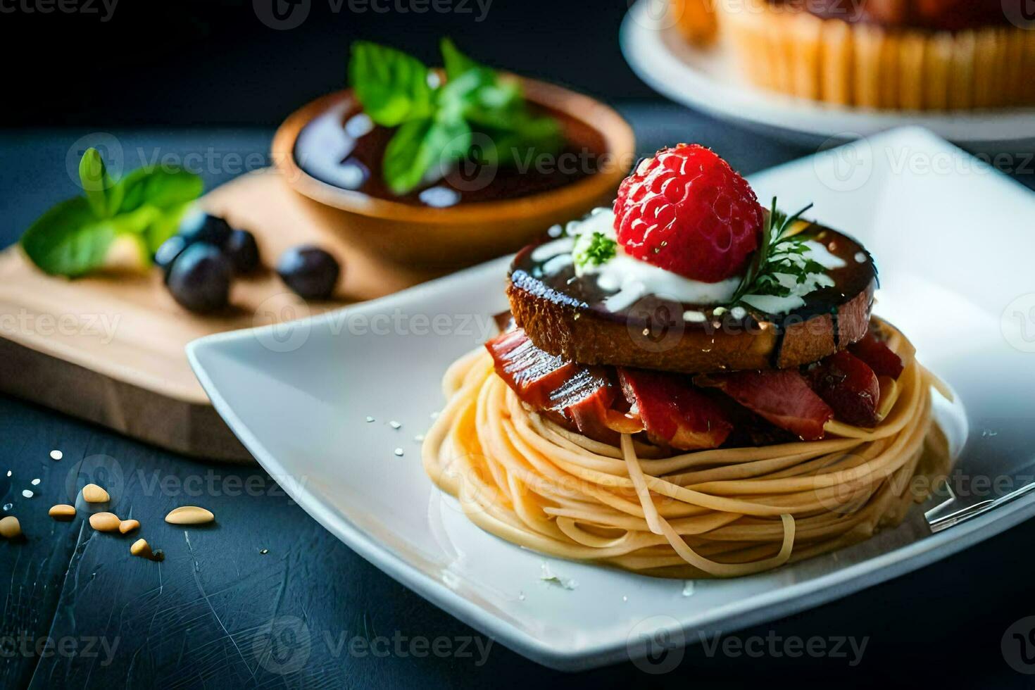 a plate with spaghetti and a strawberry on top. AI-Generated photo