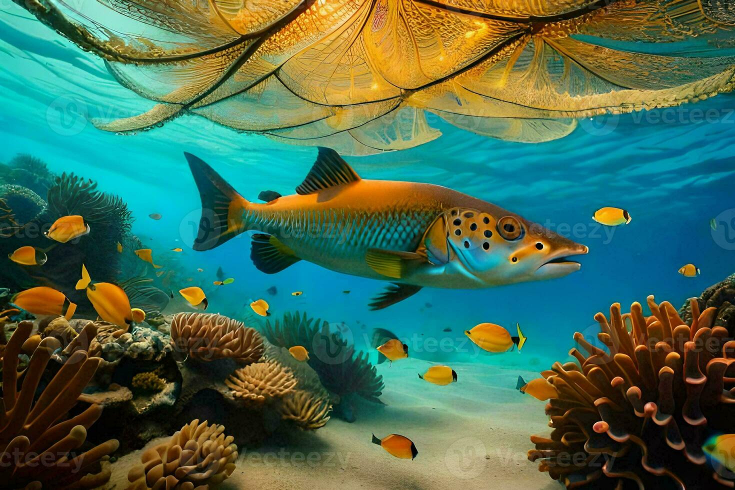 a fish swimming in the ocean with coral reefs. AI-Generated photo