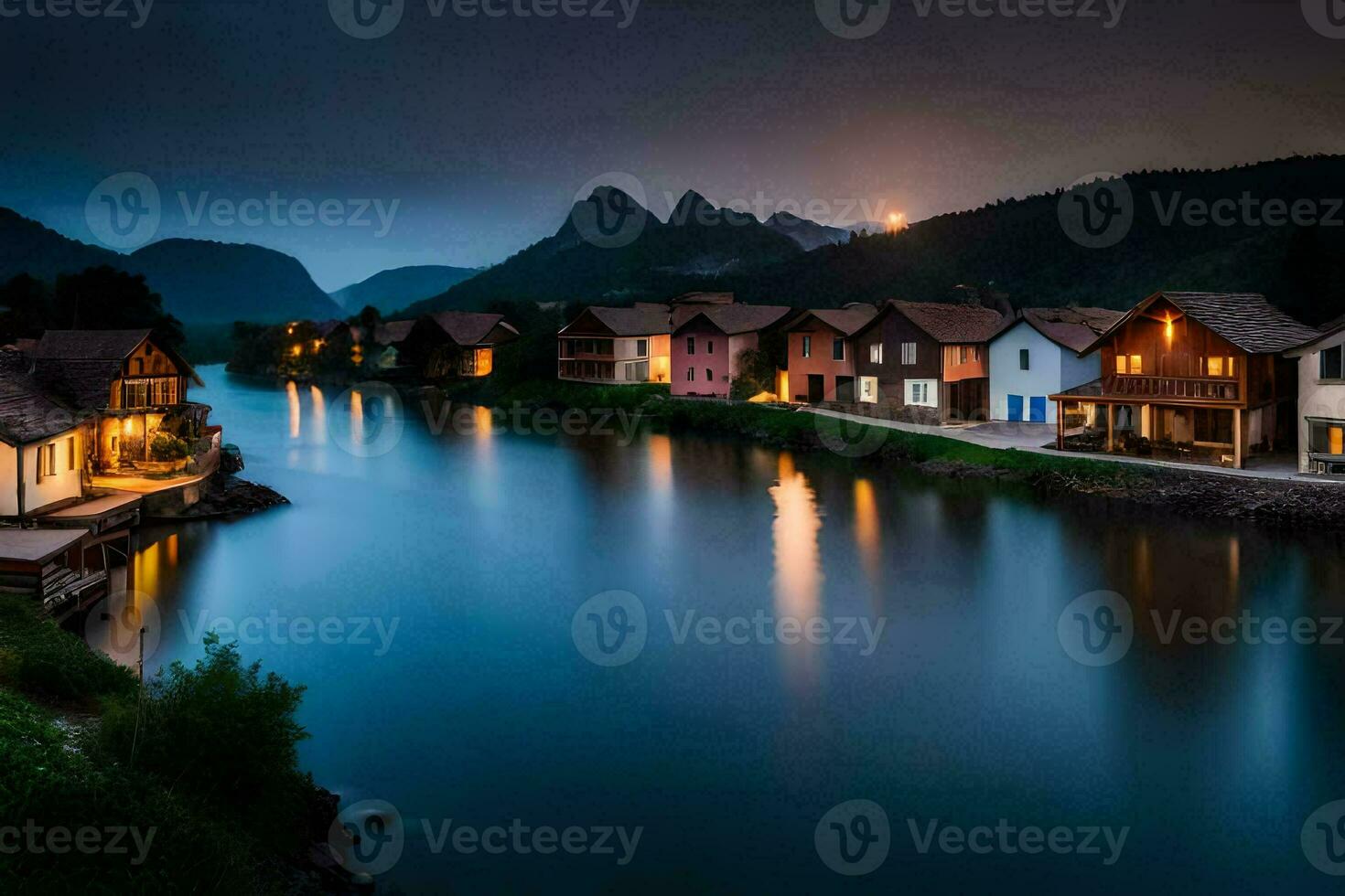 photo wallpaper the sky, mountains, river, houses, moon, night, the moon, the. AI-Generated