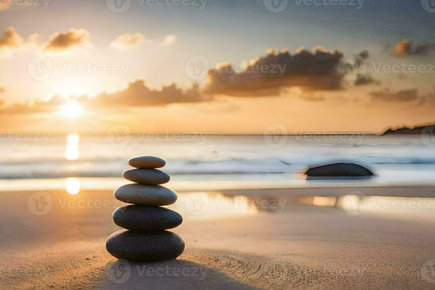 stack of stones on the beach at sunset. AI-Generated photo