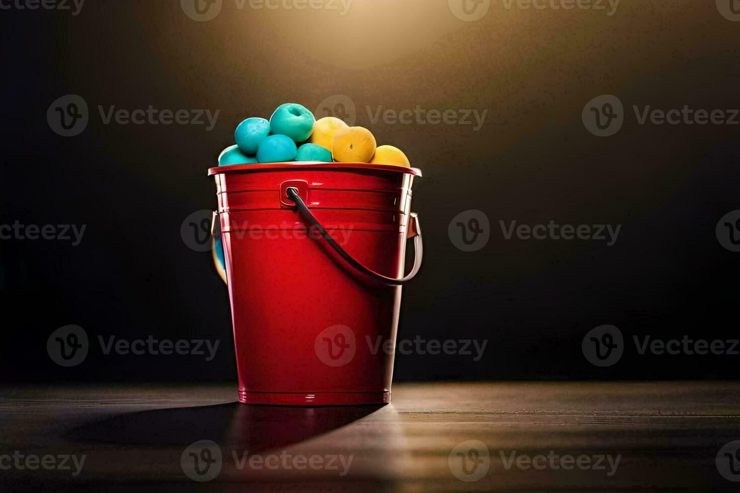 a red bucket filled with colorful candy. AI-Generated photo